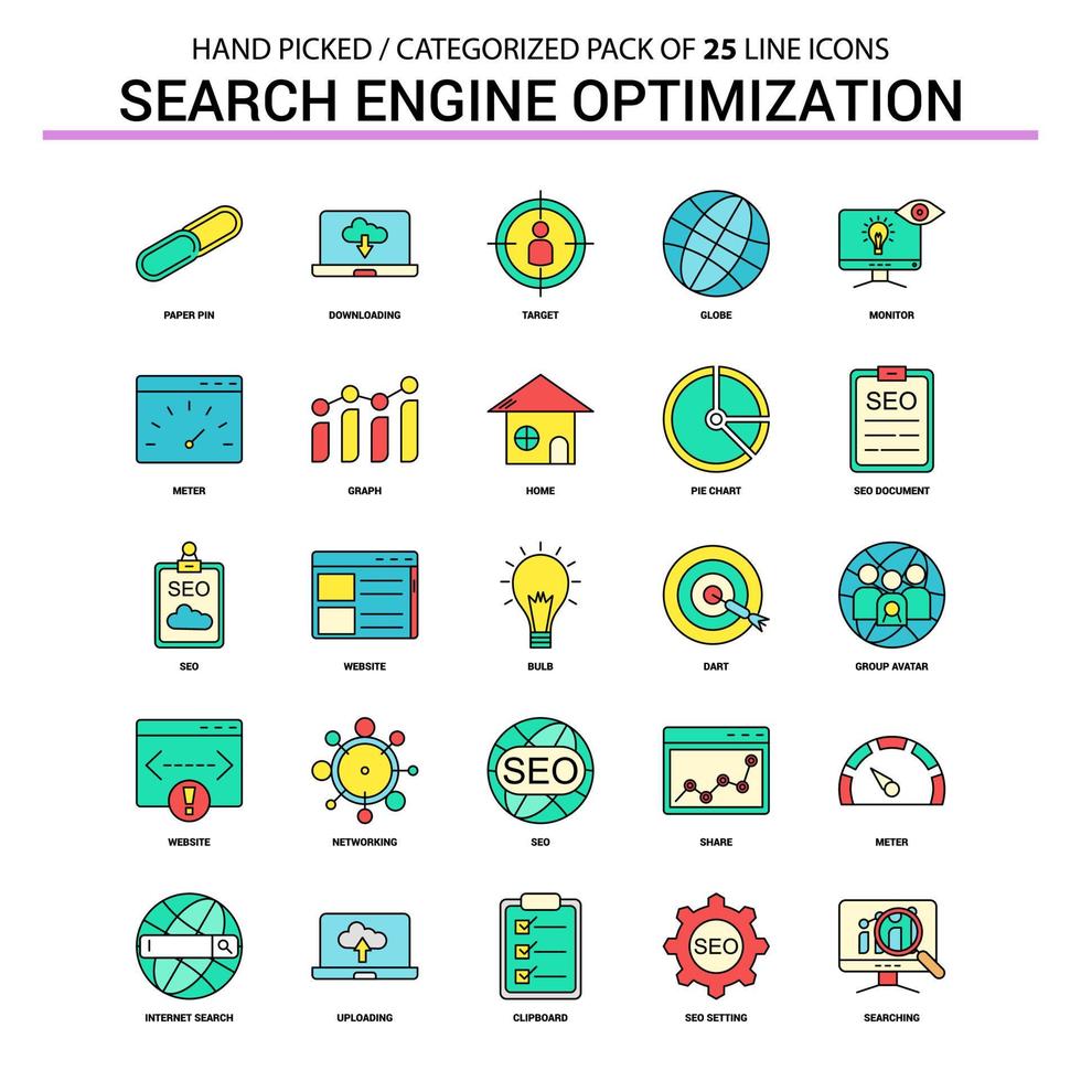 zoeken motor optimalisatie vlak lijn icoon reeks bedrijf concept pictogrammen ontwerp vector