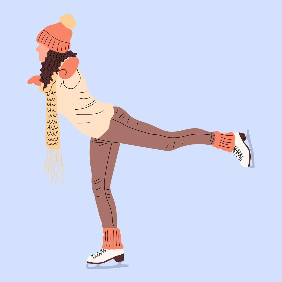 jong vrouw het schaatsen Aan ijs baan. schaatser meisje. meisje verloofd in figuur het schaatsen. actief levensstijl en gezond zorg. gekleurde vlak tekenfilm vector illustratie. winter pret sport activiteiten