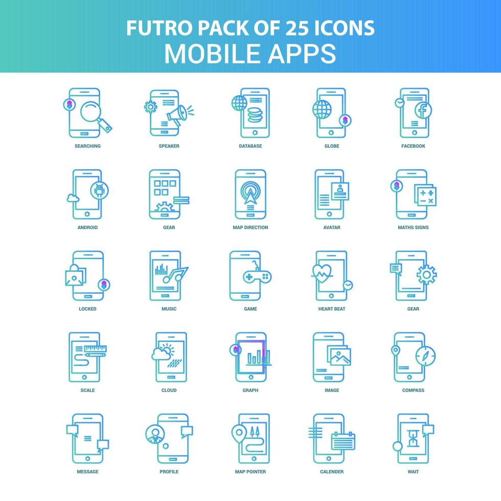 25 groen en blauw futuro mobiel apps icoon pak vector