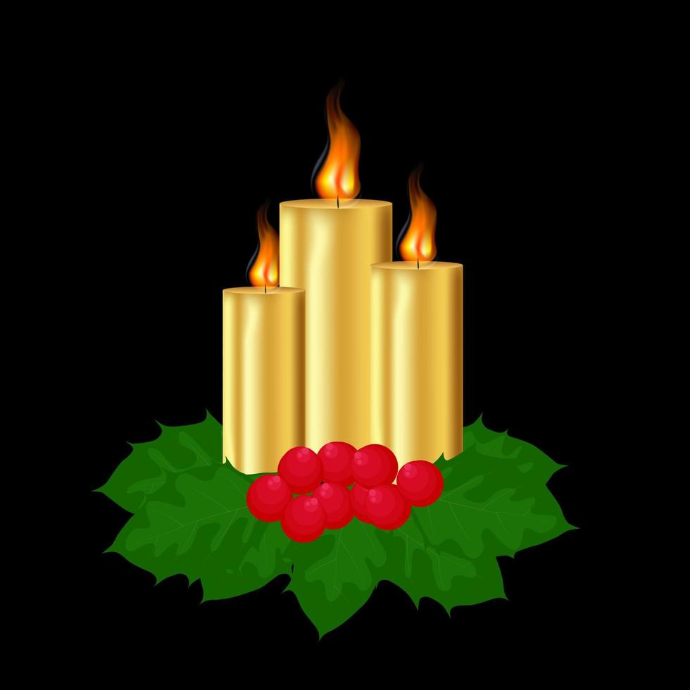 brandend gouden kaarsen met hulst Aan donker achtergrond. Kerstmis decoratief elementen. vector illustratie
