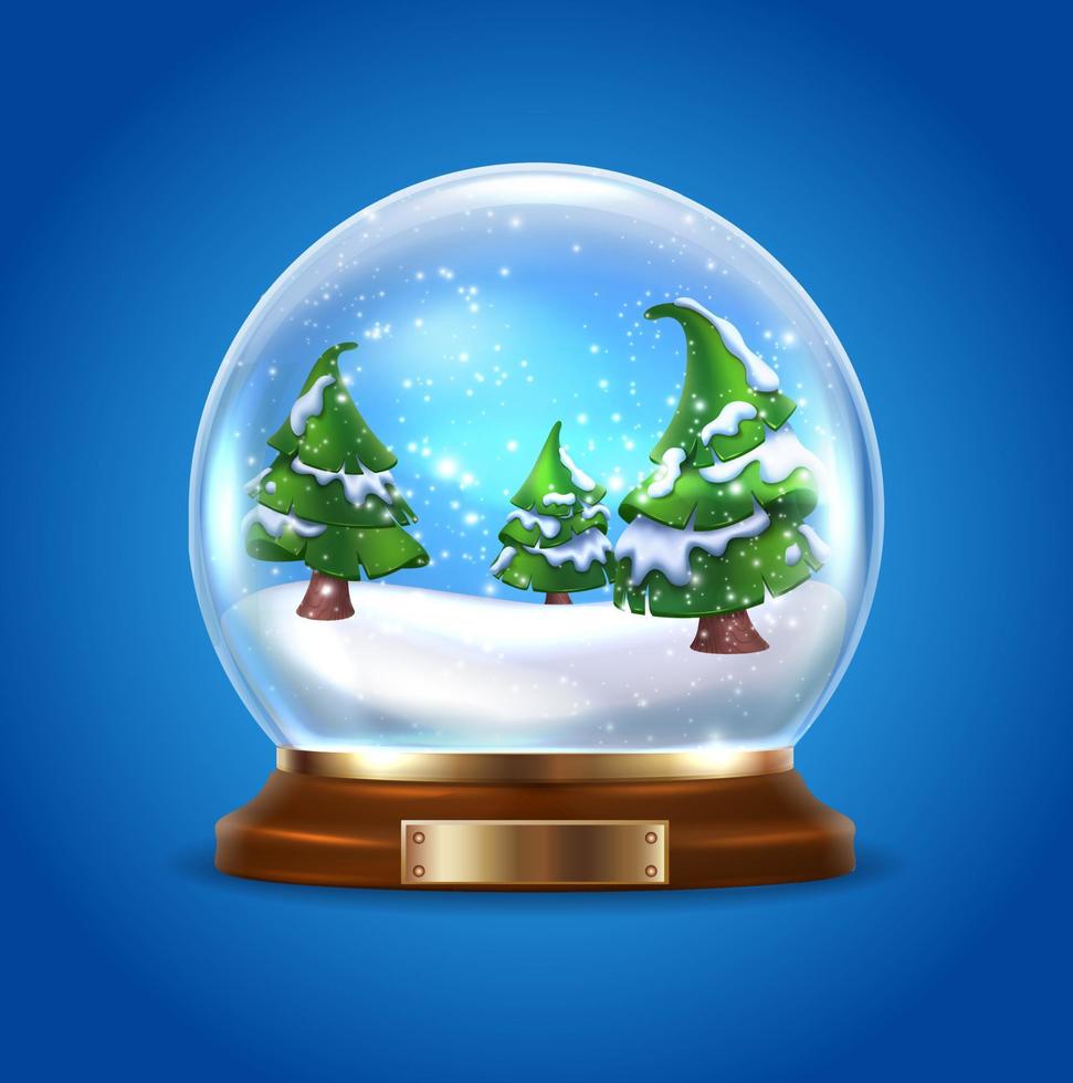 vector realistisch Kerstmis en nieuw jaar achtergrond, banier, folder, groet kaart, ansichtkaart. horizontaal oriëntatie. sneeuw wereldbol met bomen Aan een blauw achtergrond met Kerstmis uitverkoop.