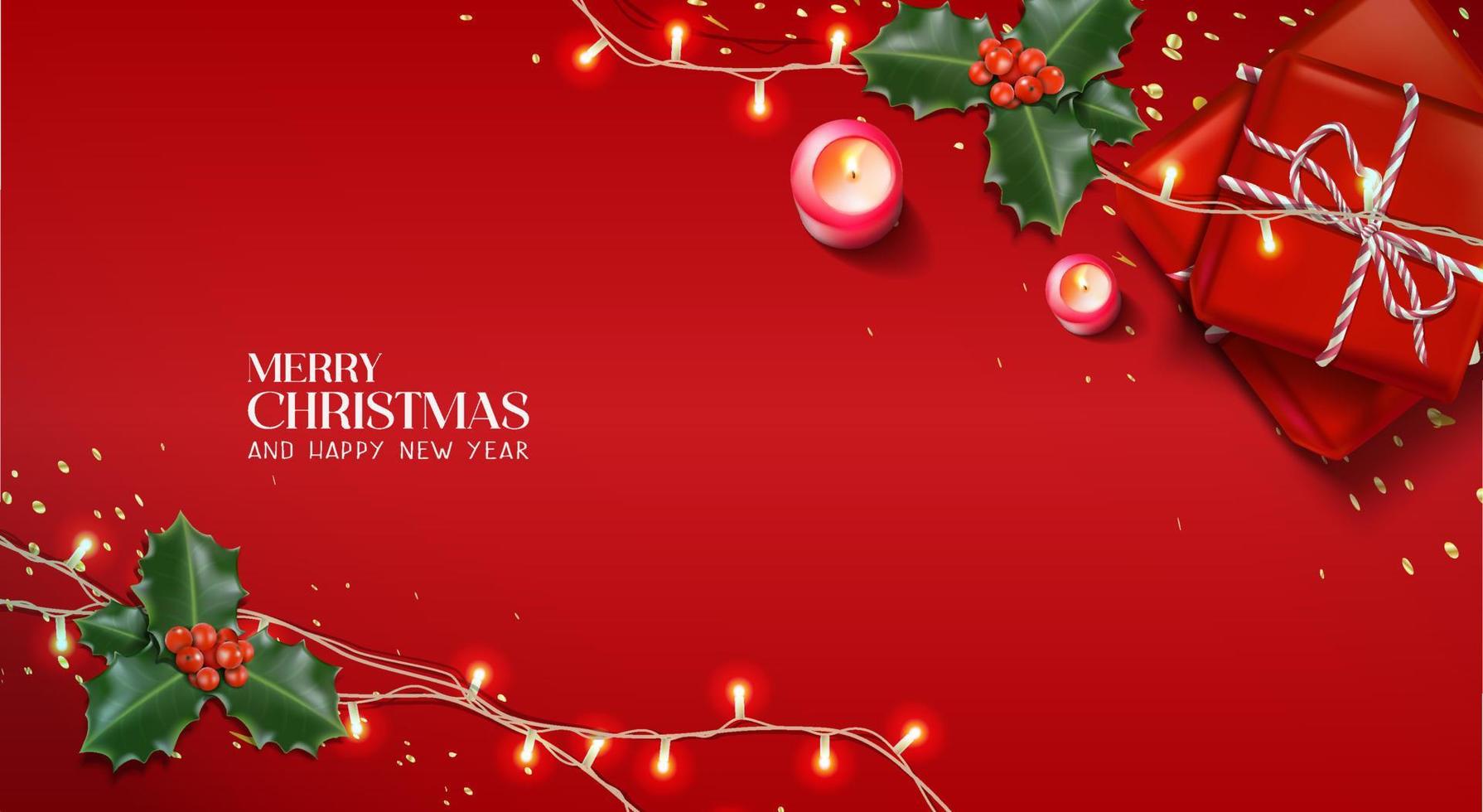 vector realistisch Kerstmis en nieuw jaar achtergrond, banier, folder, groet kaart, ansichtkaart. plein oriëntatie. rood achtergrond met geschenk dozen en kaarsen met maretak.