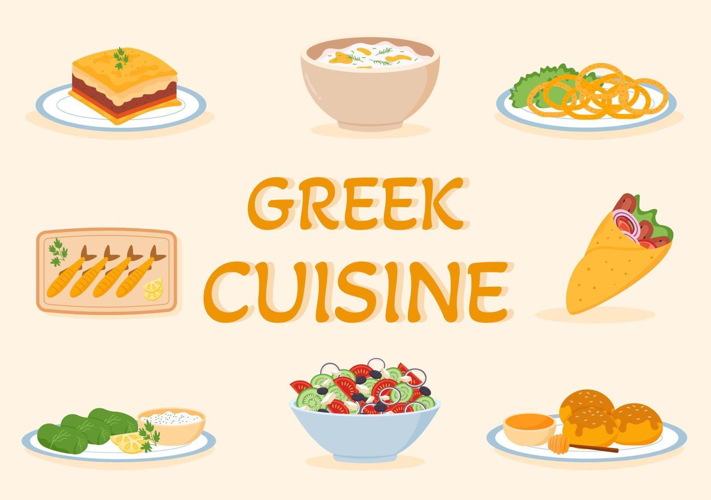 Grieks keuken restaurant reeks menu heerlijk gerechten traditioneel of nationaal voedsel in vlak tekenfilm hand- getrokken sjabloon illustratie vector