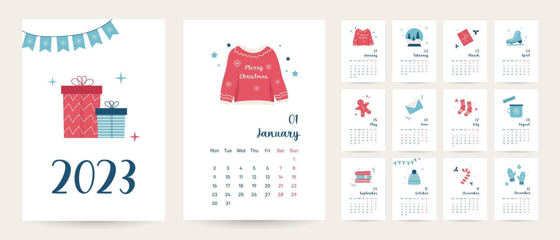 maandelijks Kerstmis knuffelen kalender 2023 sjabloon in modieus stijl, Hoes concept, reeks van 12 Pagina's bureau kalender, 2023 minimaal kalender ontwerper ontwerp voor het drukken sjabloon vector
