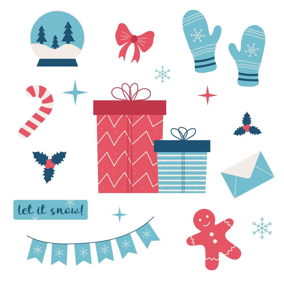 hygge Kerstmis set, winter vakantie decor, geschenken, kleding, sokken, Kerstmis huis symbolen, tekenfilm vector set, Kerstmis hygge, tekening knus dingen., vector illustratie in vlak stijl