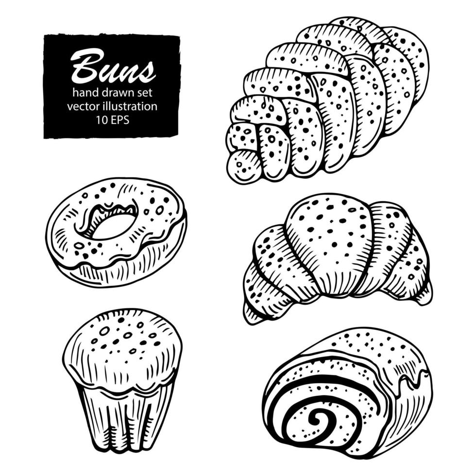 hand- getrokken vector illustratie - reeks met zoet en toetje croissant, cupcakes, muffin, donut.