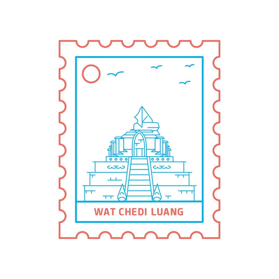 wat chedi luang port postzegel blauw en rood lijn stijl vector illustratie