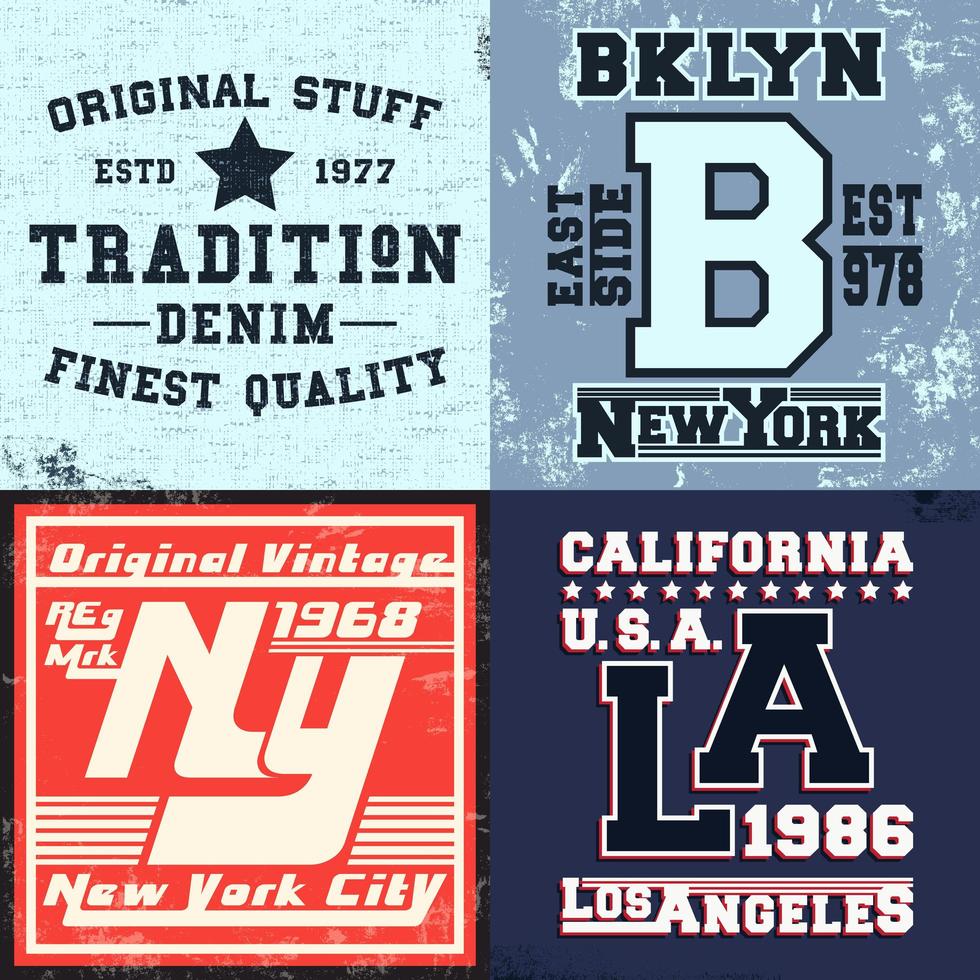 set vintage designprint voor t-shirt set vintage designprint voor t-shirts, tee-applique, modetypografie, badge, labelkleding, jeans en vrijetijdskleding. vector illustratie