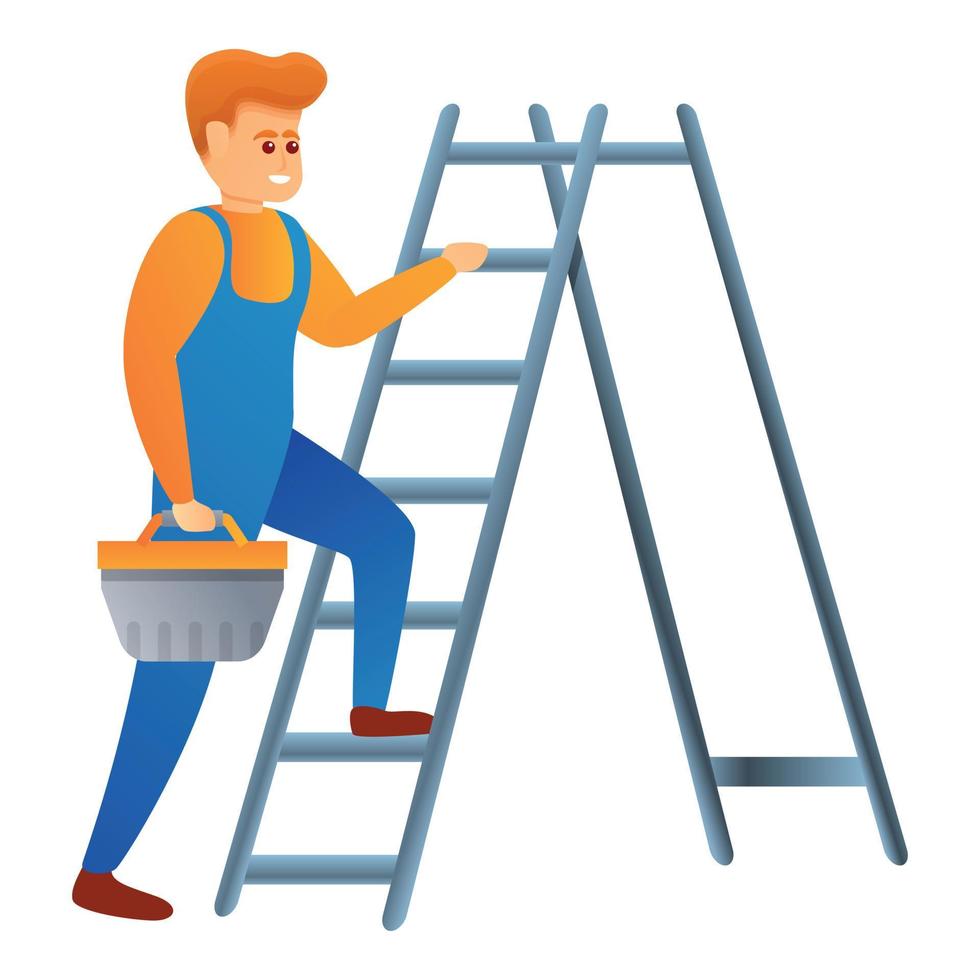 klusjesman Aan ladder icoon, tekenfilm stijl vector