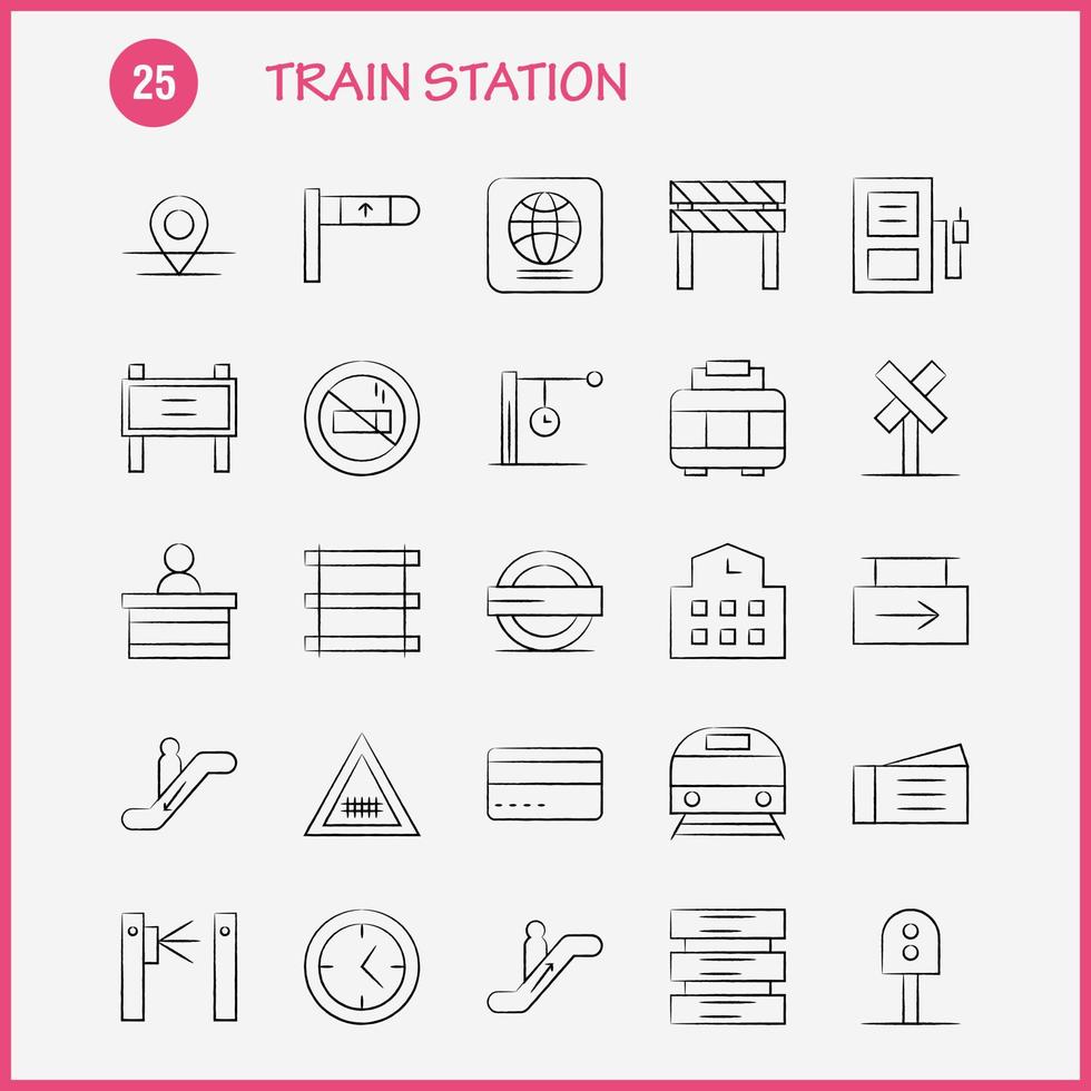 trein station hand- getrokken pictogrammen reeks voor infographics mobiel uxui uitrusting en afdrukken ontwerp omvatten Ingang spoorweg station metro trein spoorweg spoorweg teken icoon reeks vector