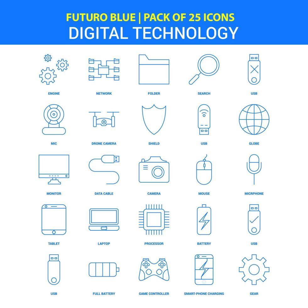 digitaal technologie pictogrammen futuro blauw 25 icoon pak vector