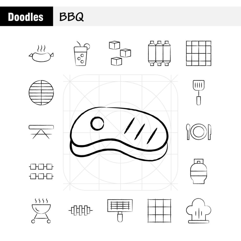 bbq hand- getrokken icoon pak voor ontwerpers en ontwikkelaars pictogrammen van barbecue bbq voedsel worst glas drinken bbq citroen vector