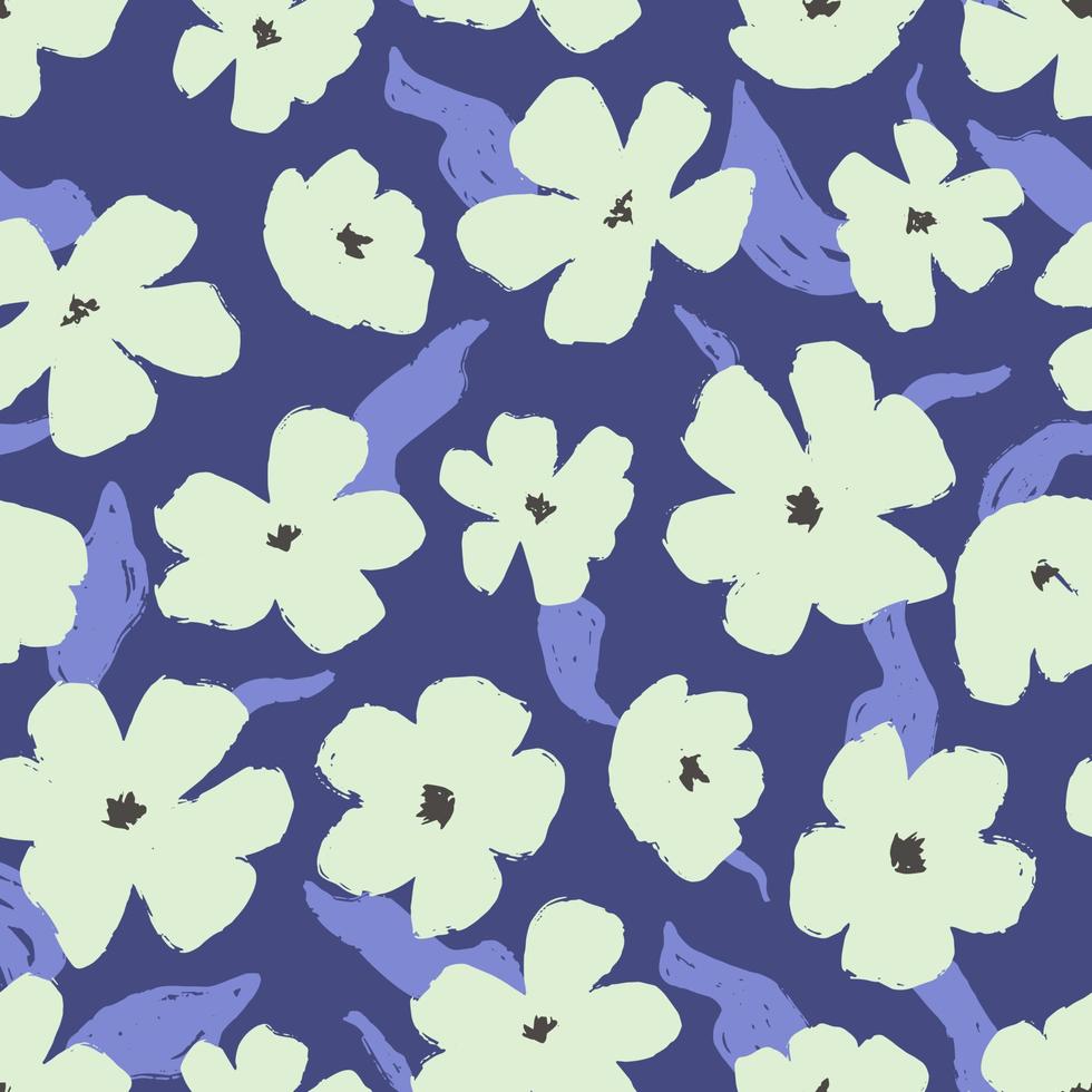 licht bloemen met blauw bladeren borstel getextureerde Aan helder blauw achtergrond. bloemen naadloos patroon voor kleding stof Hoes achtergrond. vector grafisch