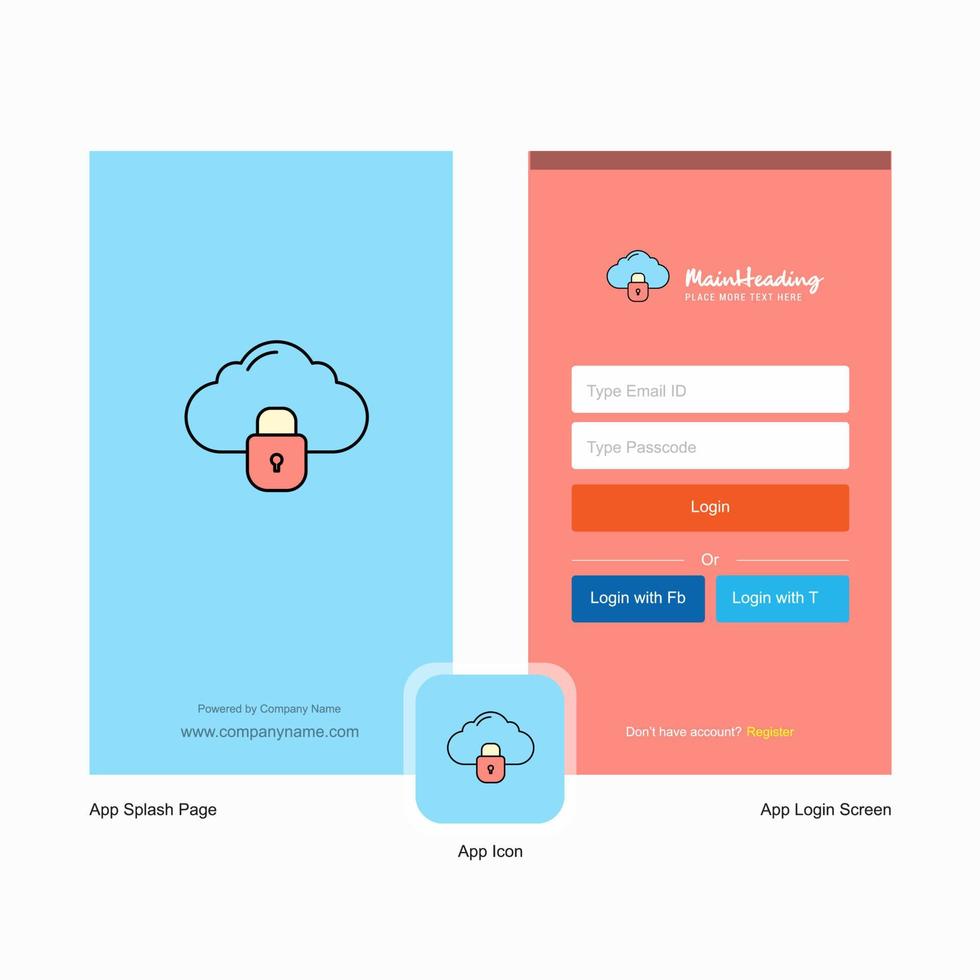 bedrijf op slot wolk plons scherm en Log in bladzijde ontwerp met logo sjabloon mobiel online bedrijf sjabloon vector