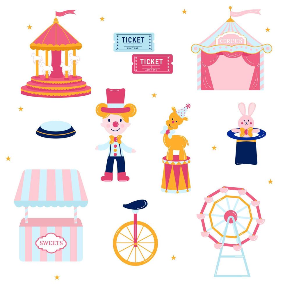 verzameling van elementen roze circus. tent, speelgoed, carrousel, kaartjes vector