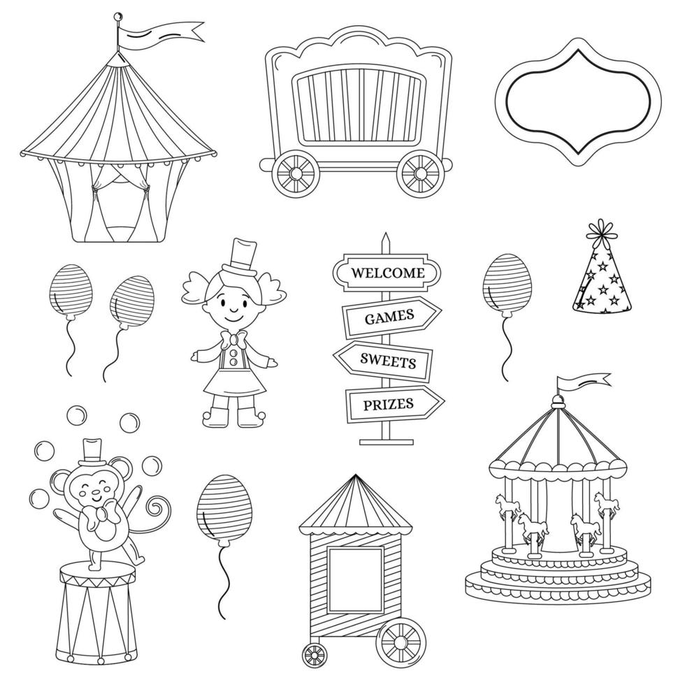 verzameling van schets circus. tent, aap, pop, carrousel, pet, bal, wijzer vector