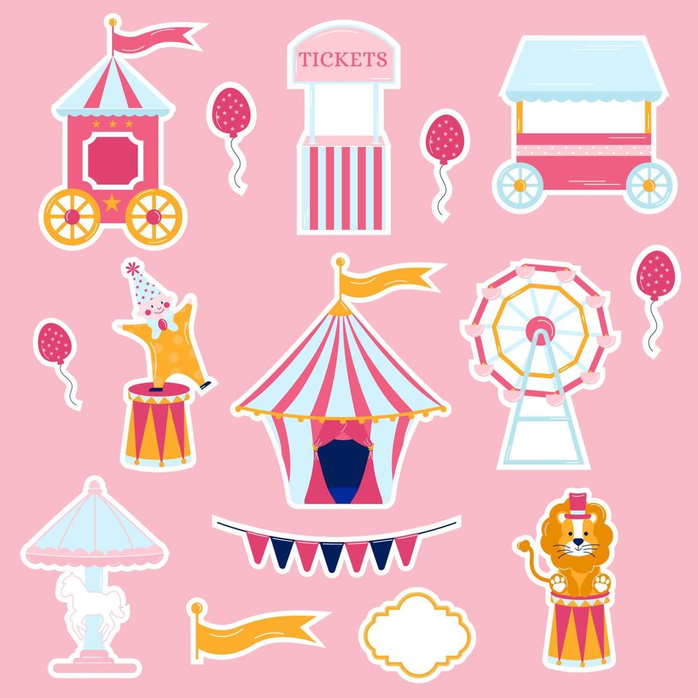 verzameling van stickers roze circus. tent, clown, ticket kantoor, leeuw vector