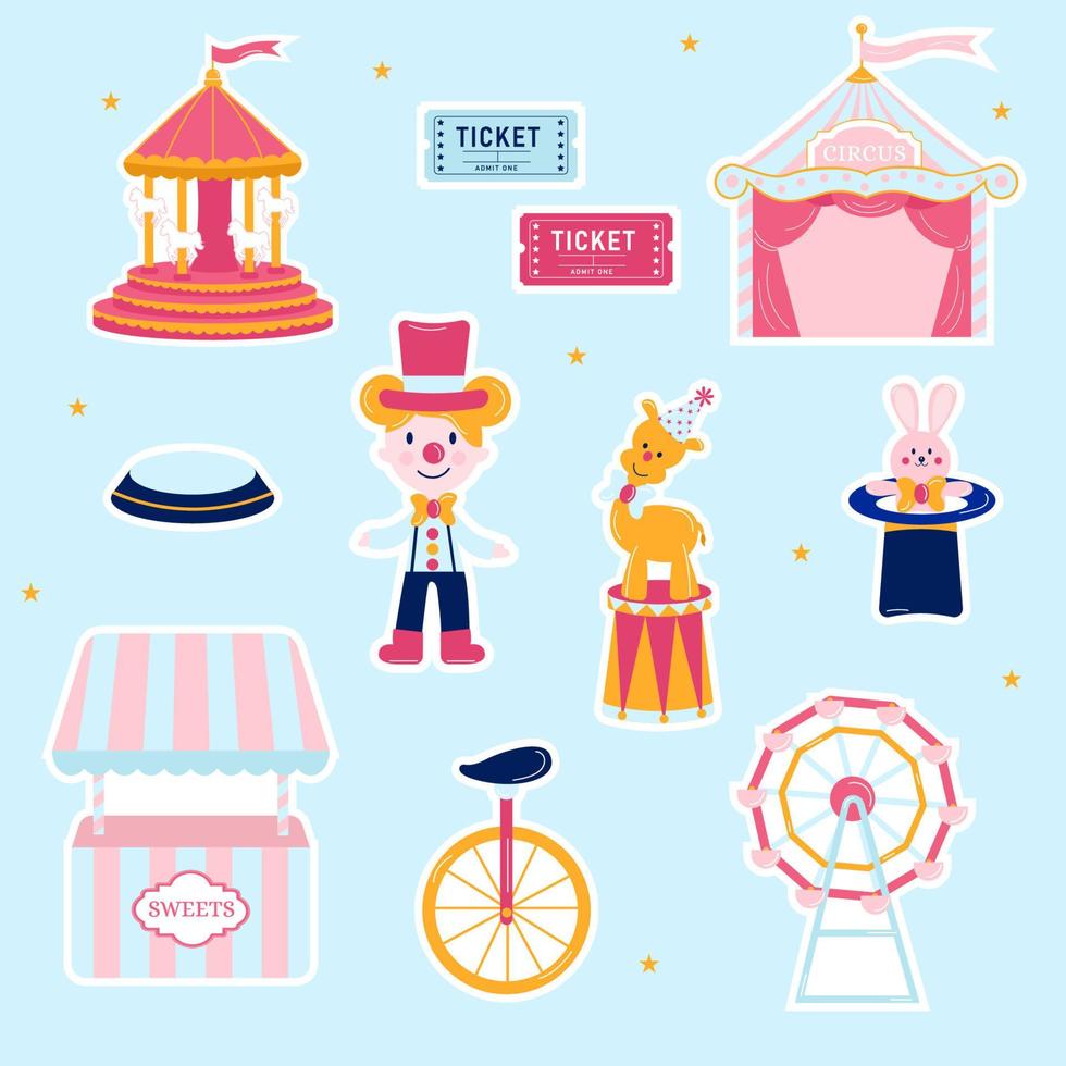 verzameling van stickers roze circus. tent, speelgoed, carrousel, kaartjes vector