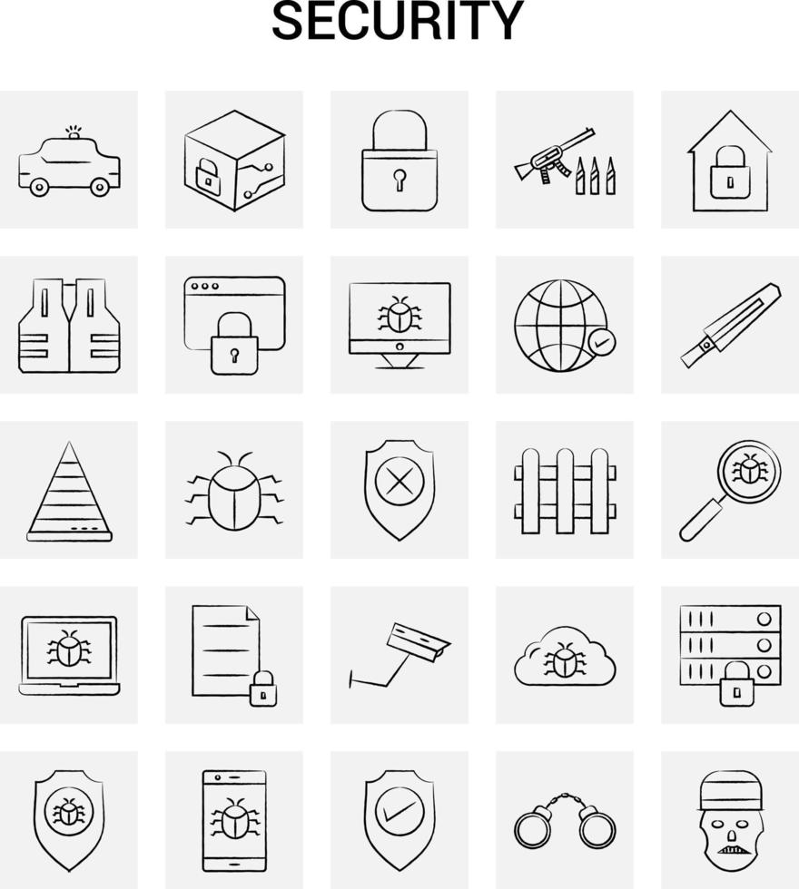25 hand- getrokken veiligheid icoon reeks grijs achtergrond vector tekening