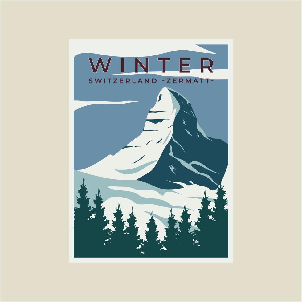 zermatt Zwitserland wijnoogst poster vector illustratie sjabloon grafisch ontwerp. Zwitsers Alpen winter sneeuw banier voor reizen of toerisme bedrijf