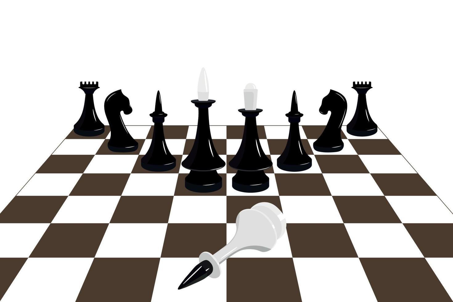 wit schaak koning leugens Aan de schaakbord, tegenstander zwart stukken in de achtergrond, verslagen koning Aan de schaakbord, vlak vector, horizontaal achtergrond vector