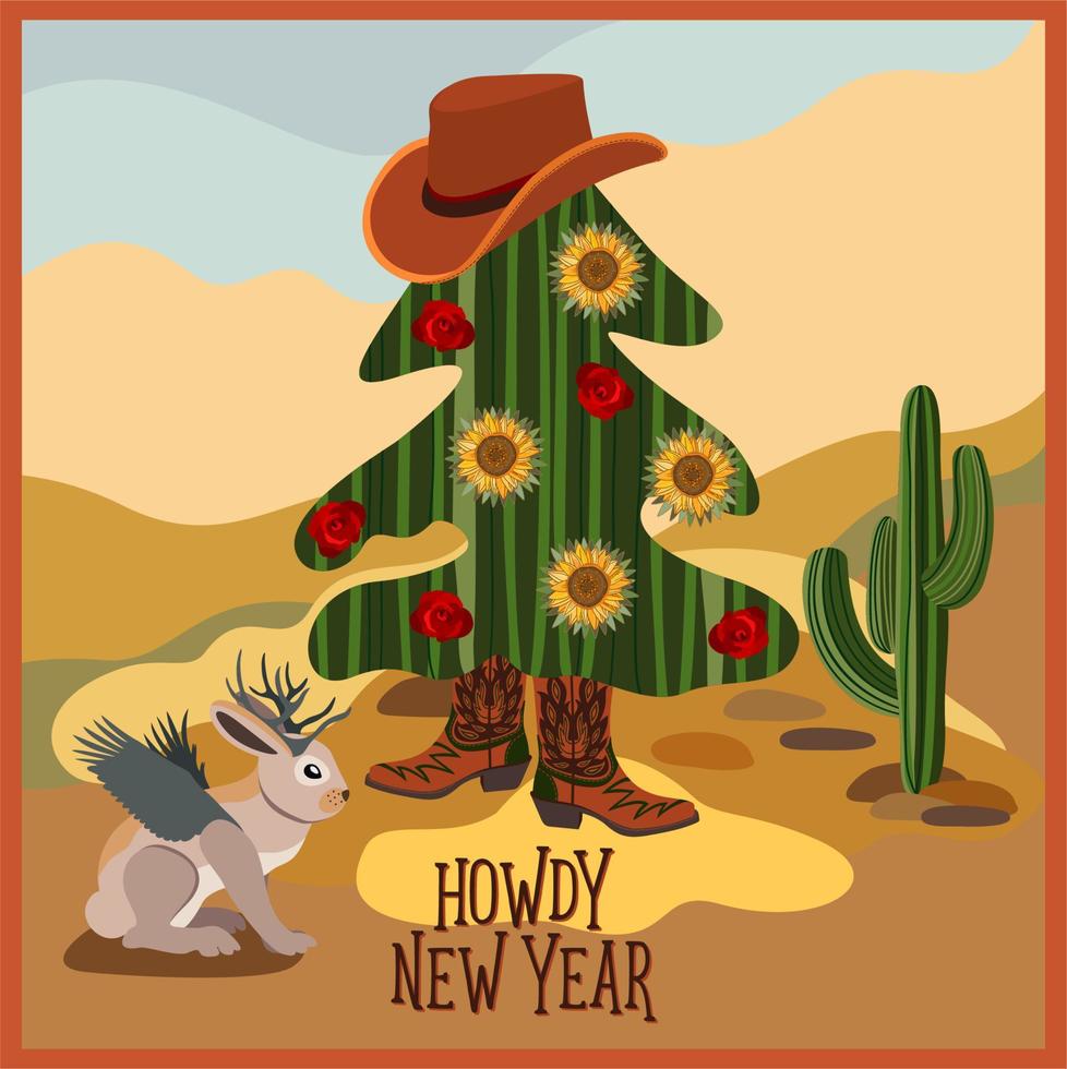 gelukkig nieuw jaar. howdy nieuw jaar. koeboog stijl. woestijn, cactus, jackalope en versierd nieuw jaar boom in cowboy hoed en laarzen. 2023. vector