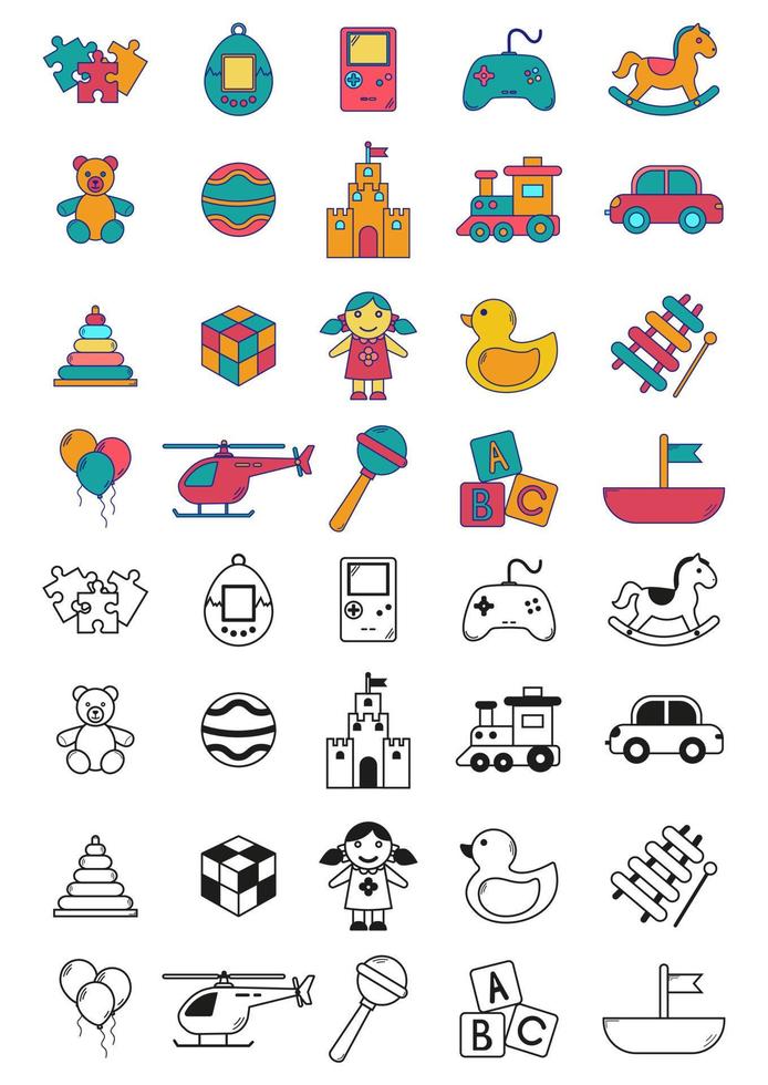 kleur en zwart en wit speelgoed vector pictogrammen verzameling