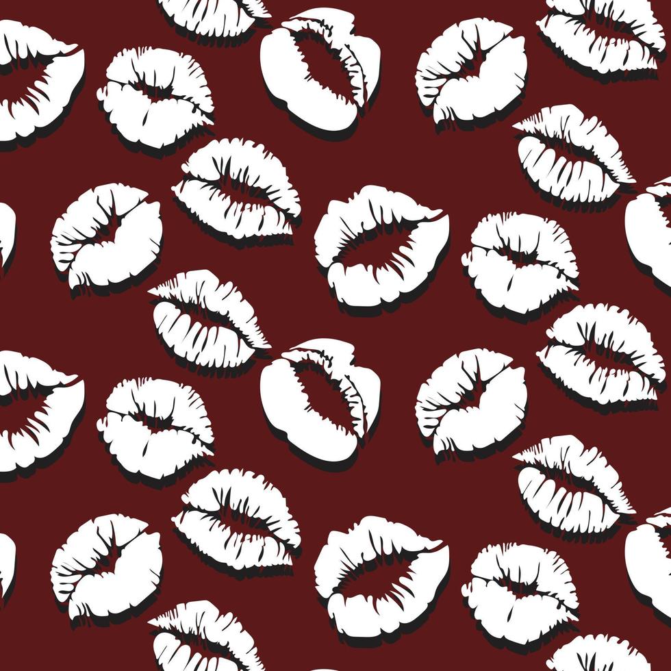 naadloos patroon met wit lippenstift prints Aan een bordeaux achtergrond met schaduwen. wit lippen met schaduwen net zo een achtergrond voor geschenk inpakken. geschikt voor het drukken Aan papier en textiel. voor Valentijn vector