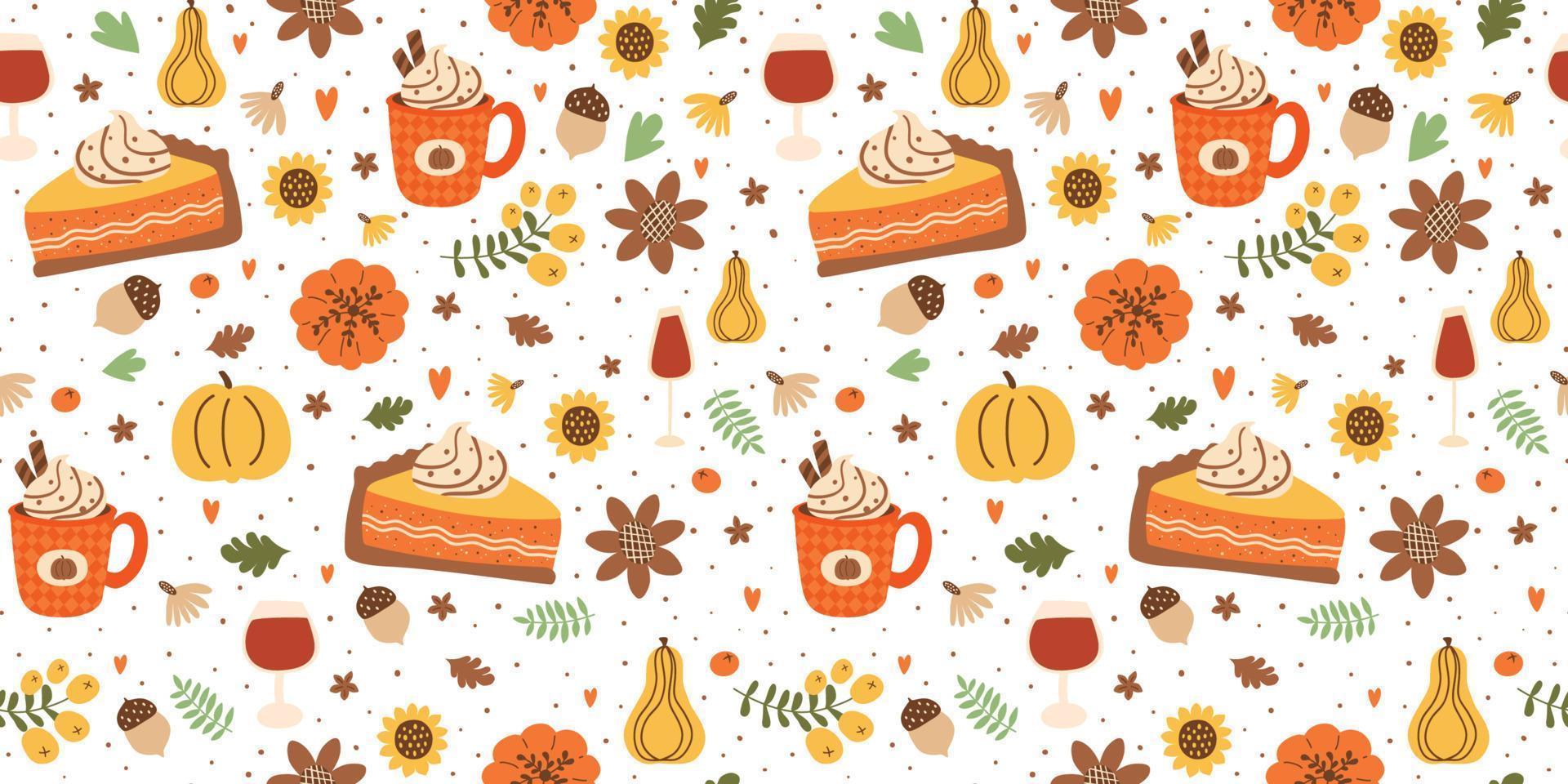 herfst pompoen taart plak en pompoen kruid latte naadloos patroon versierd vallen bladeren, bloemen, eikels, botanisch BES. vallen seizoen voedsel illustratie in vector is Super goed voor dankzegging dag.