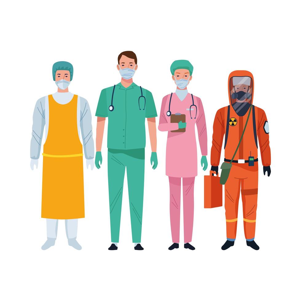 artsenpersoneel dat medische maskers en bioveiligheidspak draagt vector