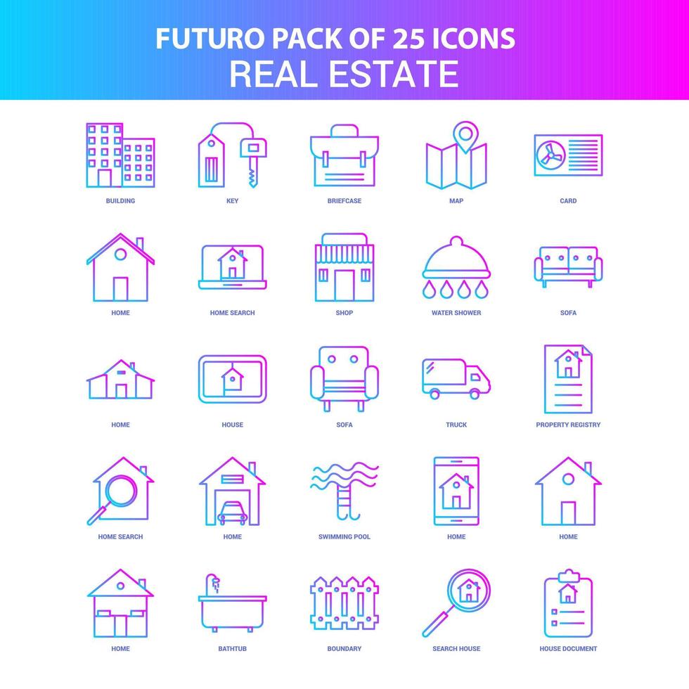 25 blauw en roze futuro echt landgoed icoon pak vector
