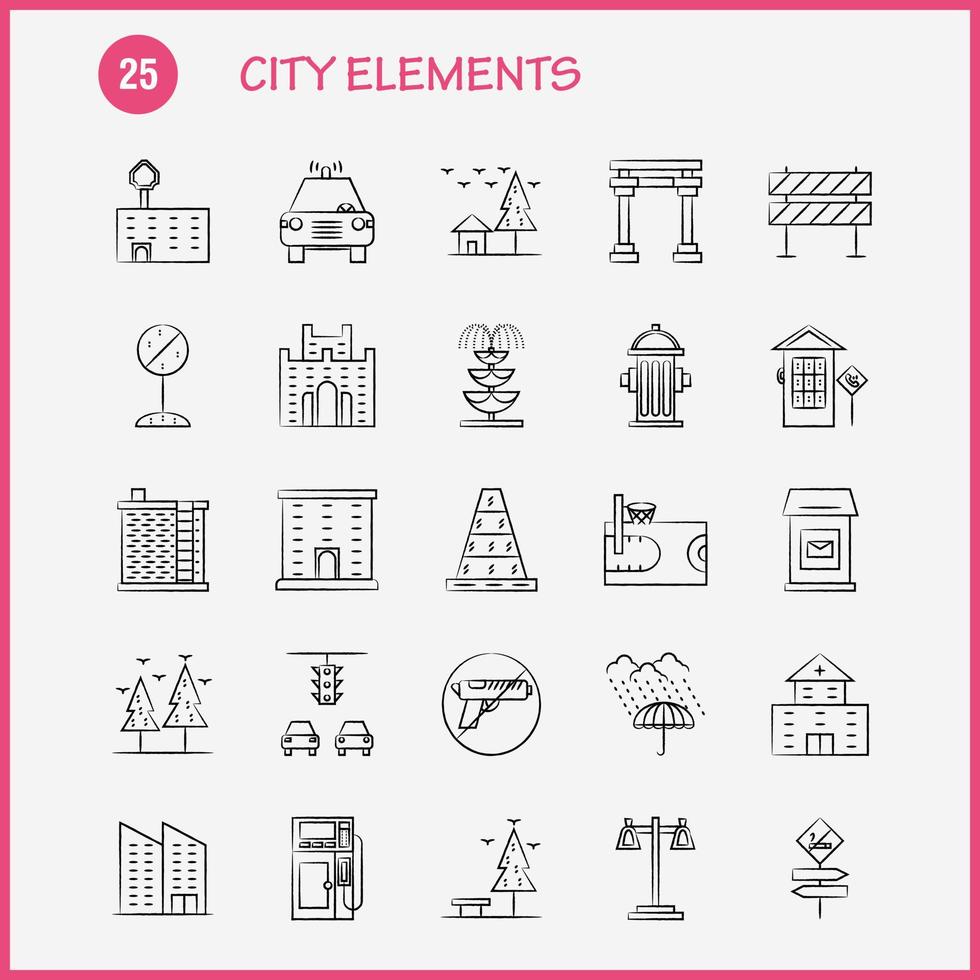 stad elementen hand- getrokken pictogrammen reeks voor infographics mobiel uxui uitrusting en afdrukken ontwerp omvatten auto voertuig reizen vervoer schommel kinderen parken Speel eps 10 vector