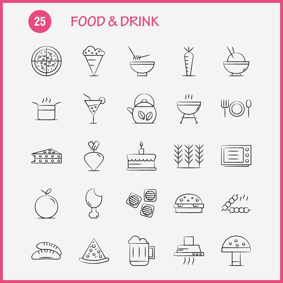 voedsel en drinken hand- getrokken pictogrammen reeks voor infographics mobiel uxui uitrusting en afdrukken ontwerp omvatten voedsel restaurant avondeten ontbijtgranen voedsel tarwe bbq vlees icoon reeks vector
