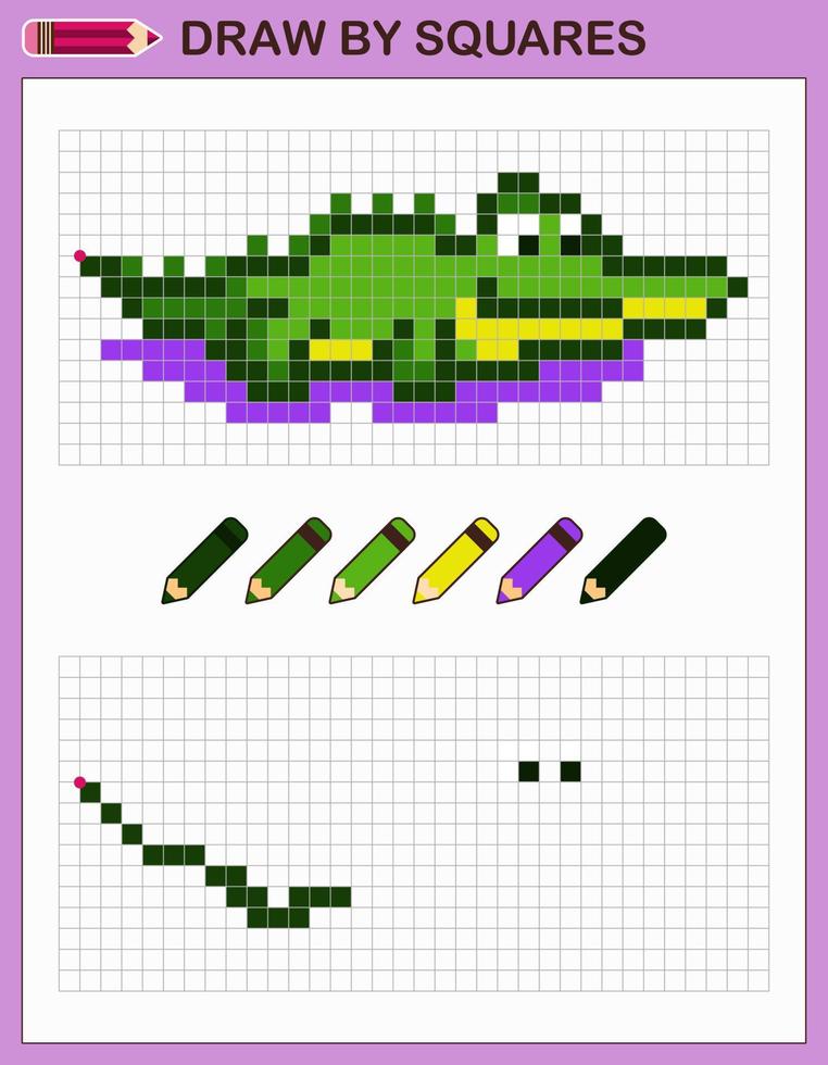 kopiëren de afbeelding, trek door vierkanten. spel voor kinderen trek krokodil door cellen met kleur palet. pixel kunst. tekening en logica vaardigheden opleiding. vector