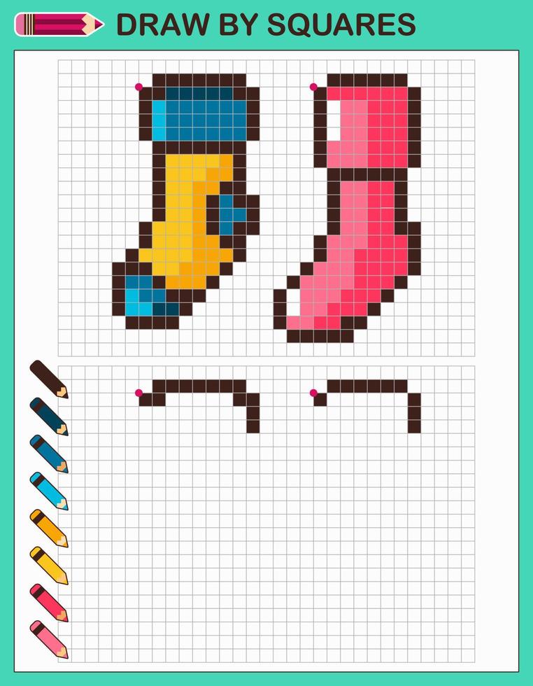 kopiëren de afbeelding, trek door vierkanten. spel voor kinderen trek sokken door cellen met kleur palet. pixel kunst. tekening en logica vaardigheden opleiding. vector