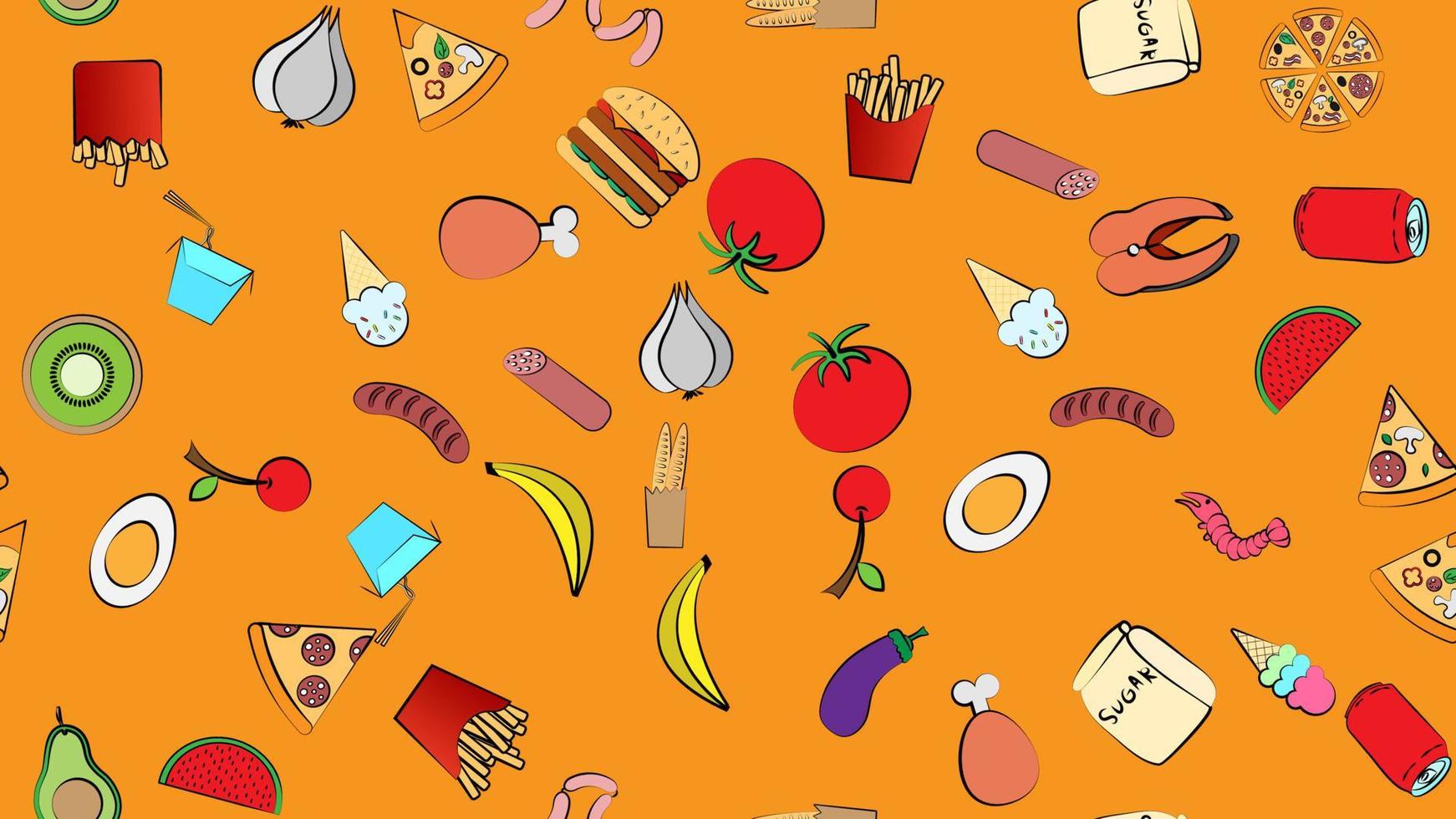 eindeloos geel naadloos patroon van heerlijk voedsel en tussendoortje items pictogrammen reeks voor restaurant bar cafe ijs room, hamburger, pizza, worst, drankje, ei, tomaat, knoflook, mango, watermeloen. de achtergrond vector