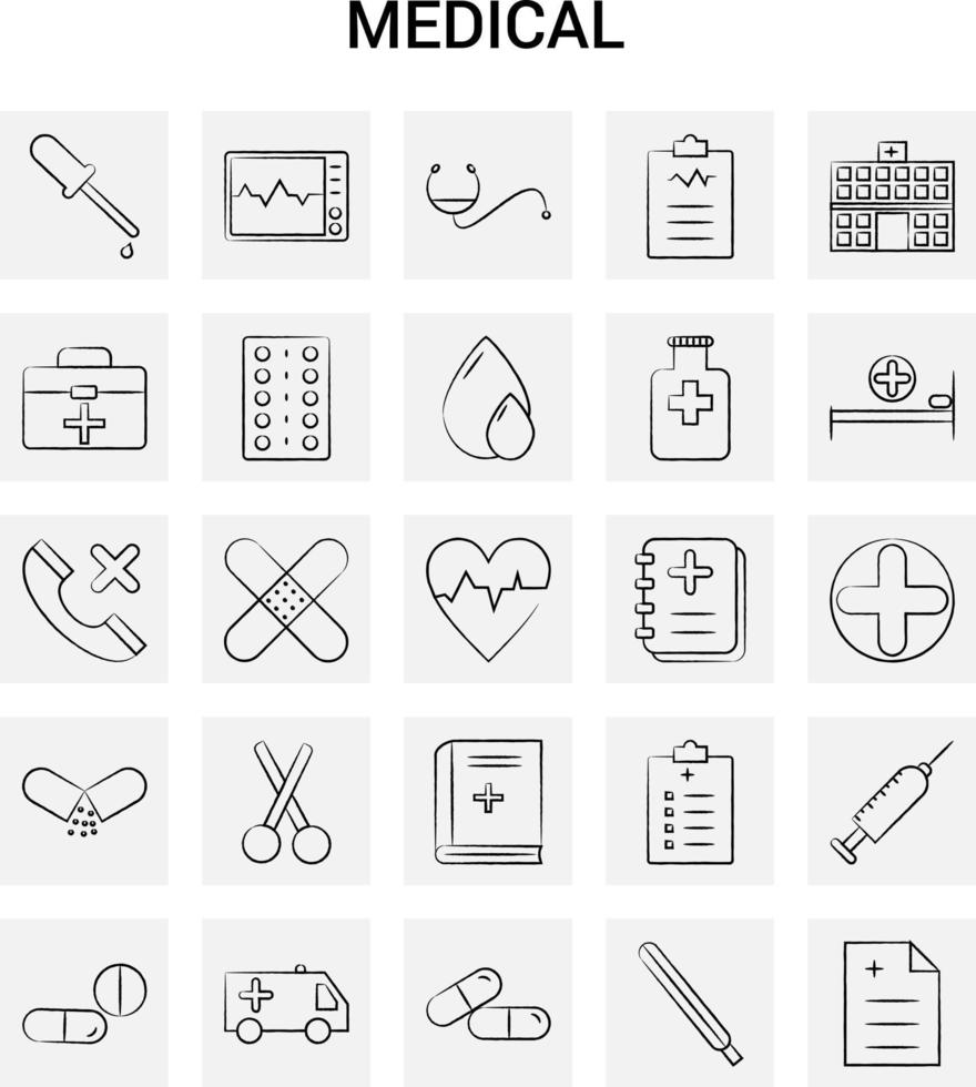 25 hand- getrokken medisch icoon reeks grijs achtergrond vector tekening