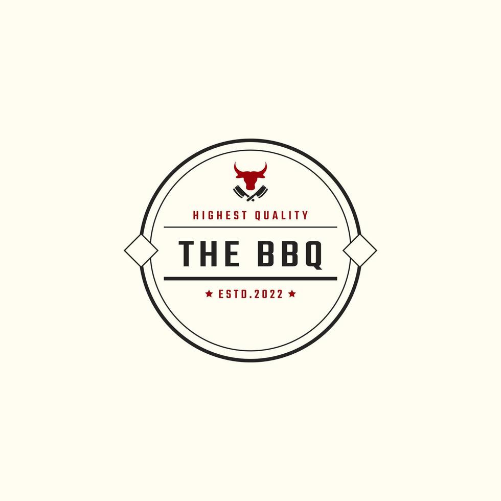 wijnoogst retro insigne embleem rustiek bbq rooster barbecue, barbecue etiket postzegel logo ontwerp lineair stijl vector