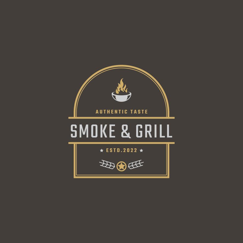 wijnoogst retro insigne embleem rooster barbecue bbq brand vlam logo ontwerp lineair stijl vector