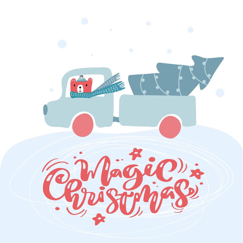 vrachtwagen in de wintersneeuw met beer en kerstboom vector