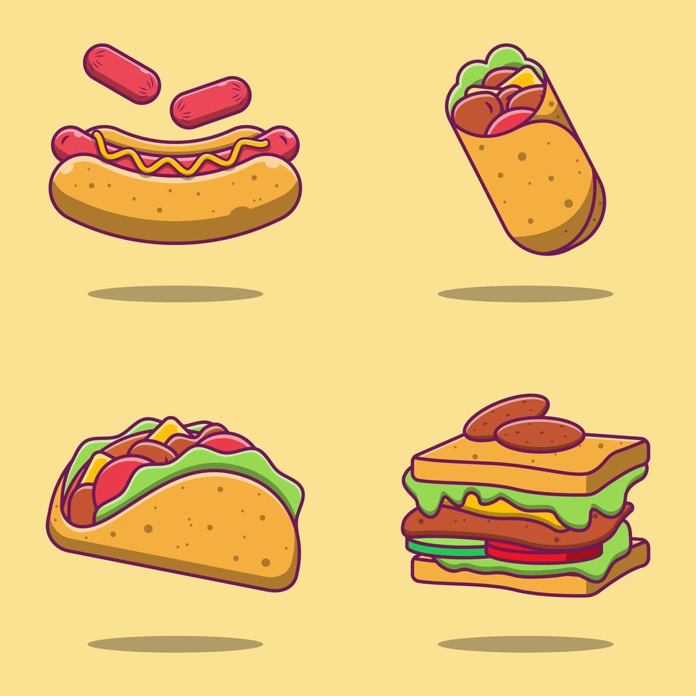 hotdog, burrito, taco en sandwich cartoon ontwerpset vector