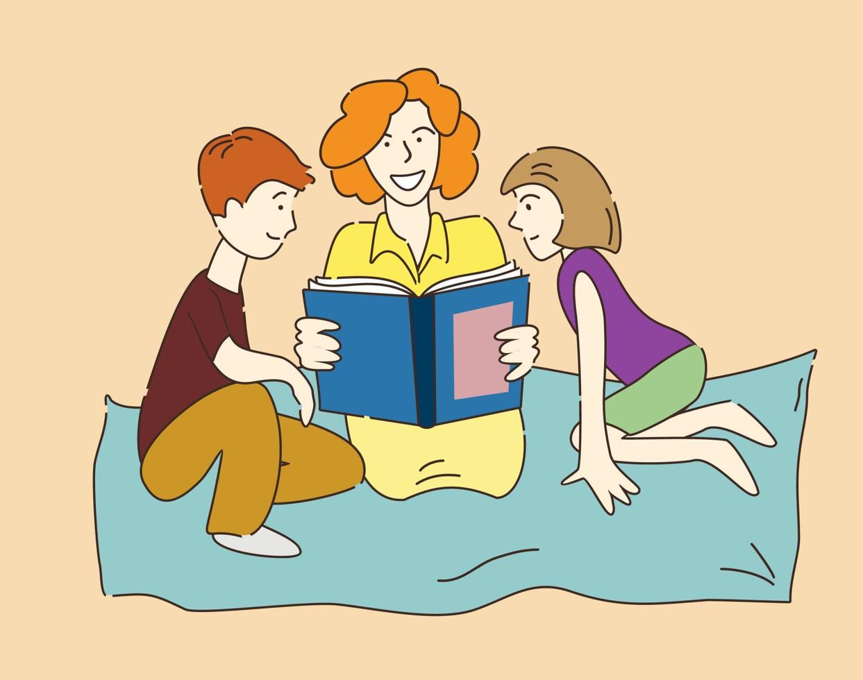 moeder lezing een boek voor kinderen zittend met kinderen. familie en ouderschap. gelukkig verhoudingen. knus huis. vector