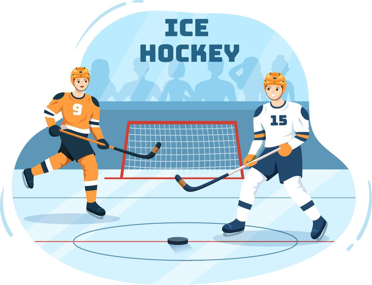 ijs hockey speler sport met helm, stok, puck en skates in ijs oppervlakte voor spel of kampioenschap in vlak tekenfilm hand- getrokken Sjablonen illustratie vector