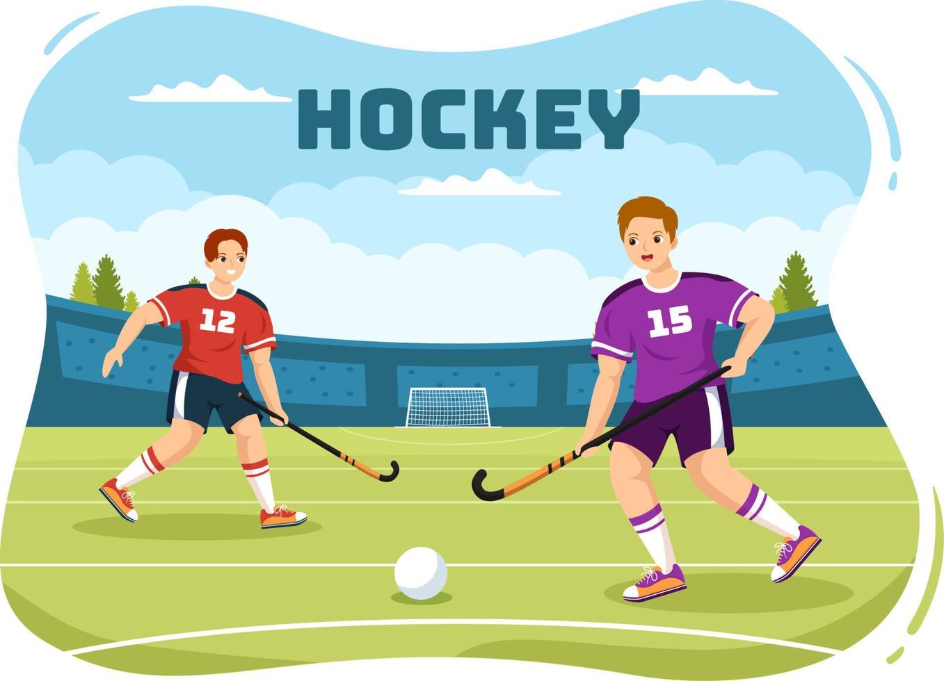 hockey speler sport met helm, stok, puck en skates Aan groen veld- voor spel of kampioenschap in vlak tekenfilm hand- getrokken Sjablonen illustratie vector