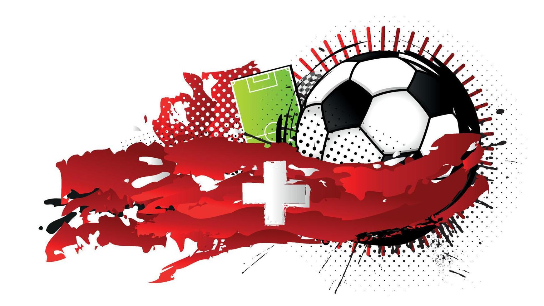 zwart en wit voetbal bal omringd door rood en wit vlekken vormen de vlag van Zwitserland met een voetbal veld- in de achtergrond. vector beeld