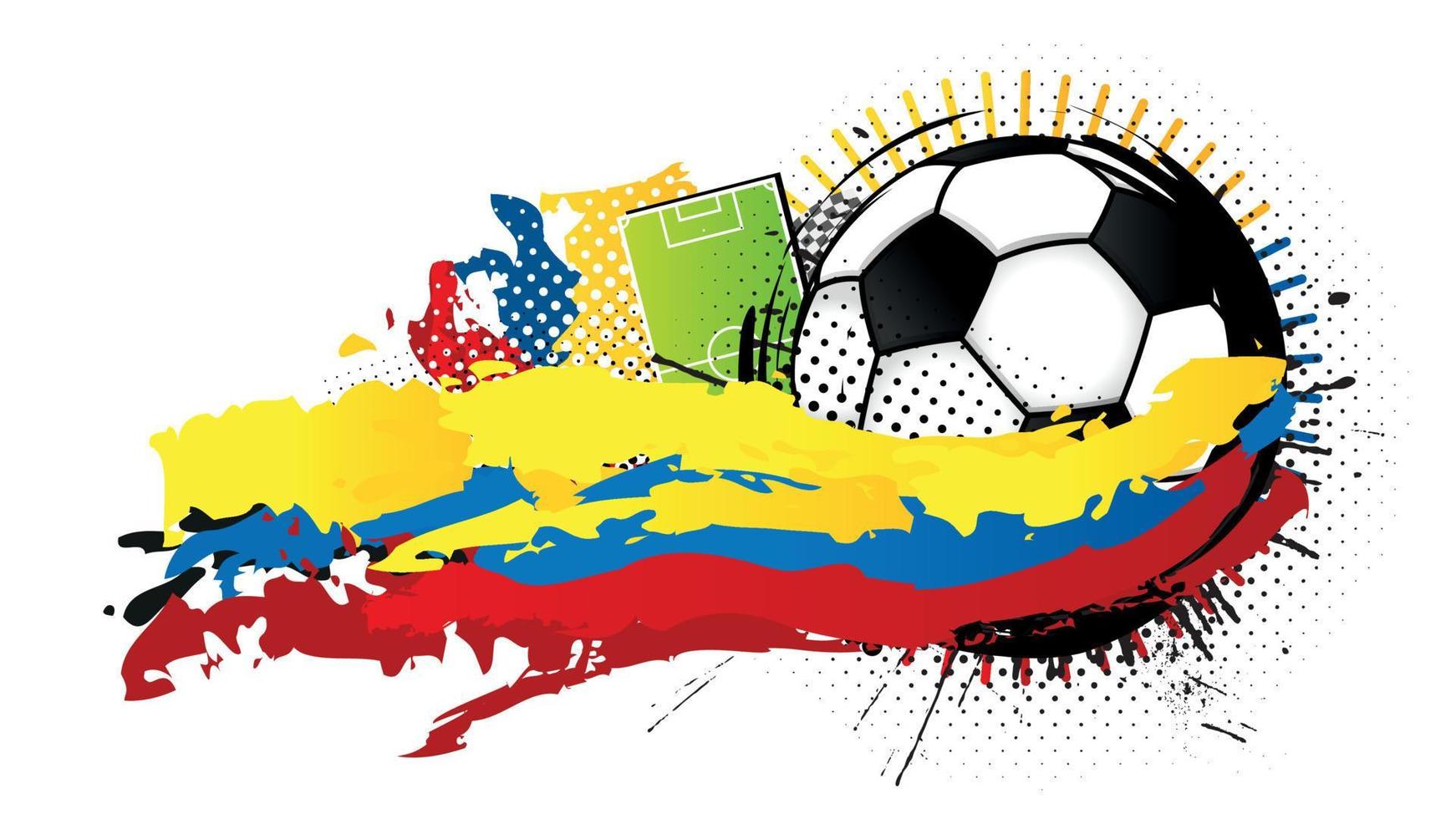 zwart en wit voetbal bal omringd door geel, blauw en rood vlekken vormen de vlag van Ecuador met een voetbal veld- in de achtergrond. vector beeld