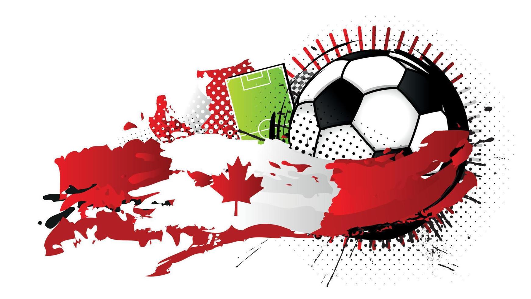 zwart en wit voetbal bal omringd door rood en wit vlekken vormen de vlag van Canada met een voetbal veld- in de achtergrond. vector beeld