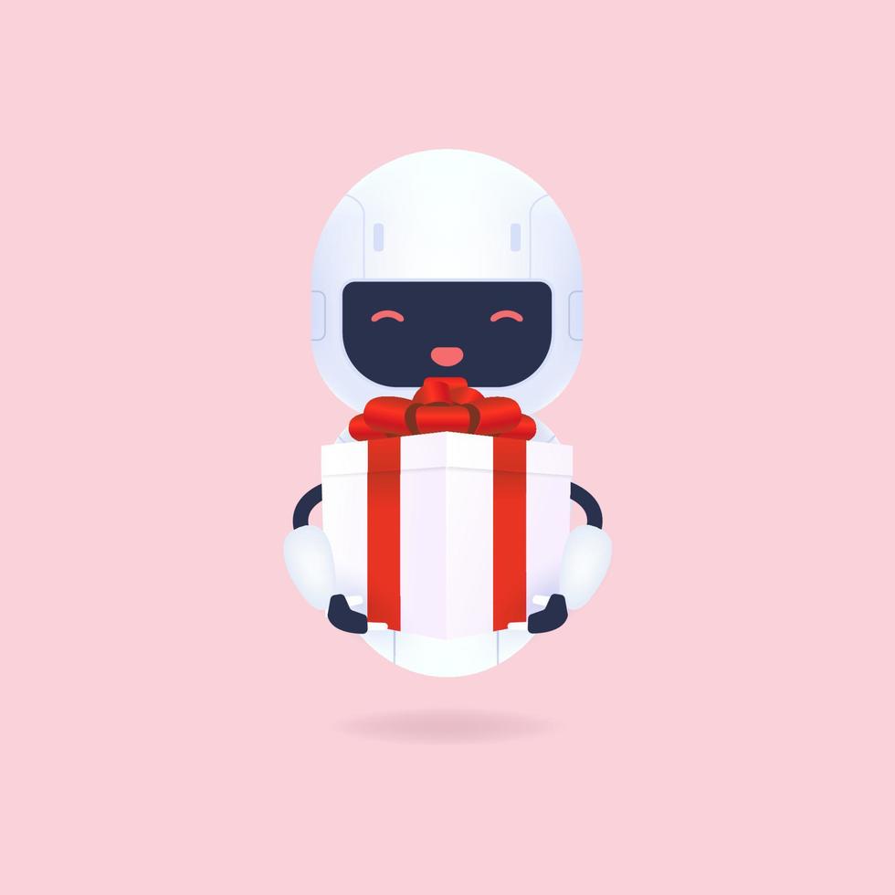 wit vriendelijk robot Holding een geschenk doos. vector