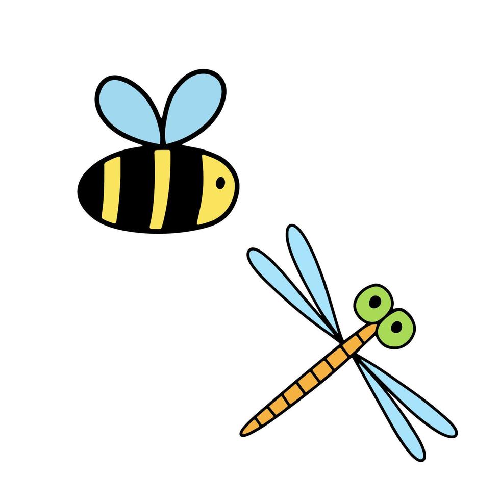 schattig bij en libel geïsoleerd Aan wit achtergrond. grappig insect voor kinderen. vlak tekenfilm vector illustratie