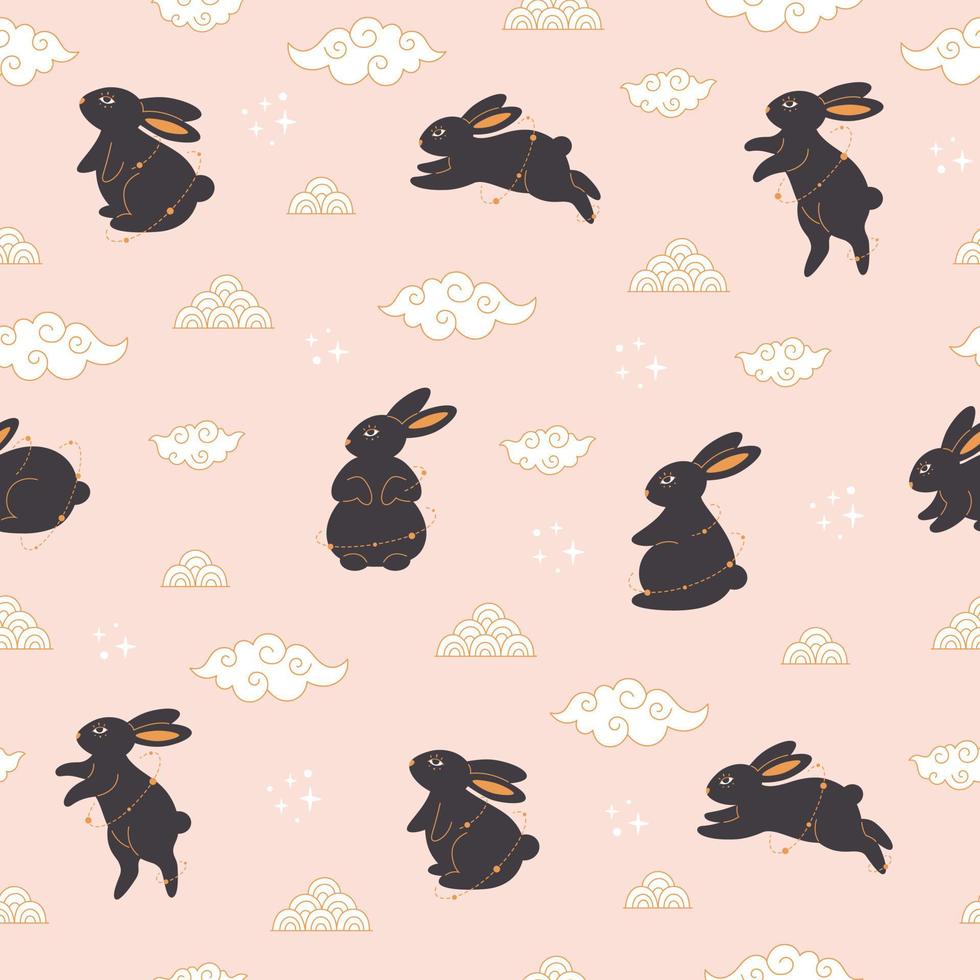 zwart konijnen met Chinese nieuw jaar symbolen naadloos patroon. jaar van de konijn. midden herfst festival. vector